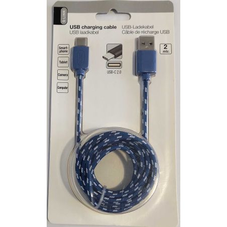USB-C Data- en Laadkabel - Type C-2.0 Naar USB-A - Gevlochten Nylon – Blauw/Wit – 2 Meter van Q-Link